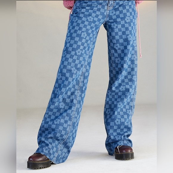 NWT PACSUN Flower Checker Ultra High Waisted Carpenter Denim Jean Pants Size 26 - Picture 1 of 13